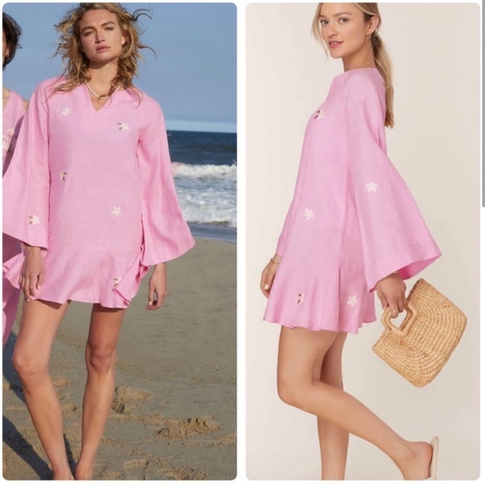 Fanm Mon Pink Star Embroidered Bell-Sleeve Mini Dress